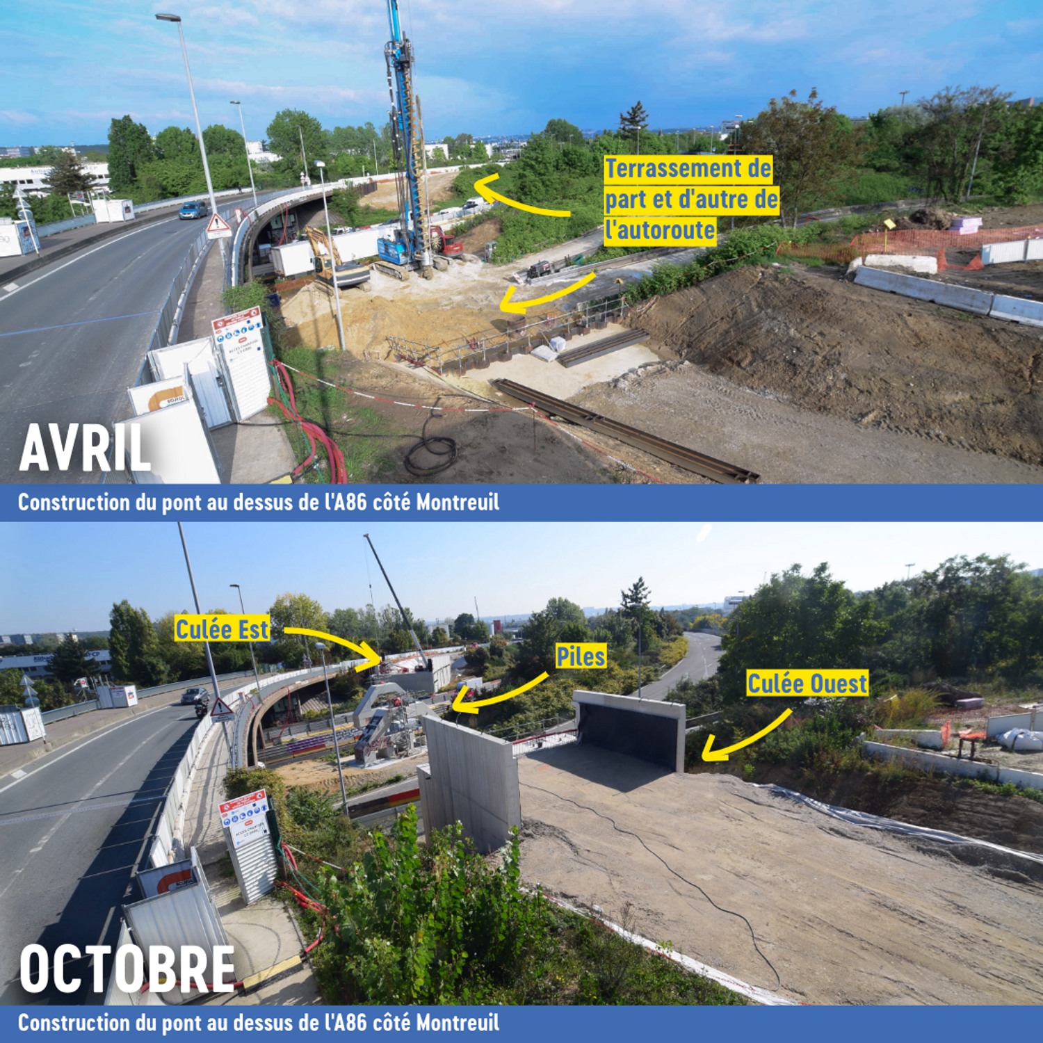 La construction du pont de franchissement de l'A86 vue depuis Montreuil 